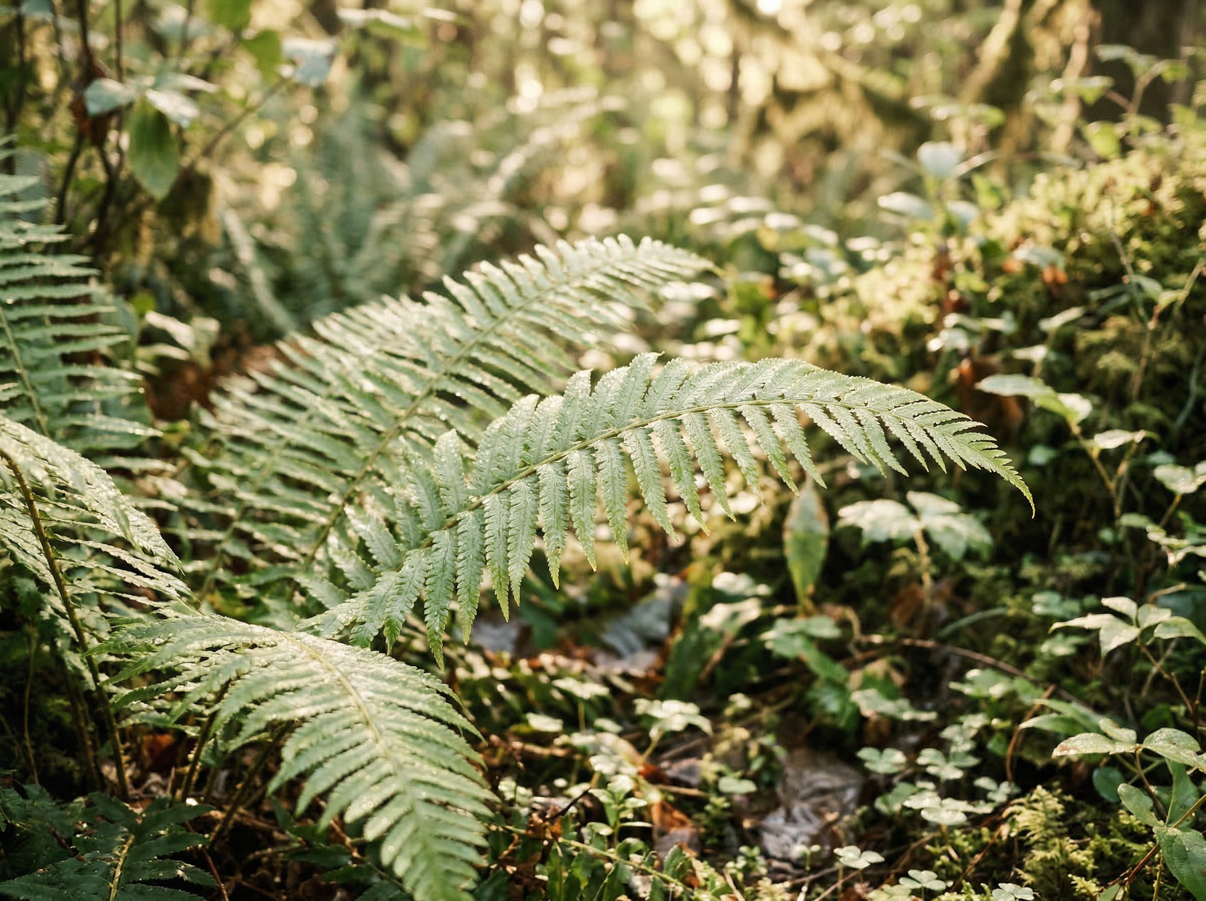 Soft green ferns and plants in natural light, representing growth and healing