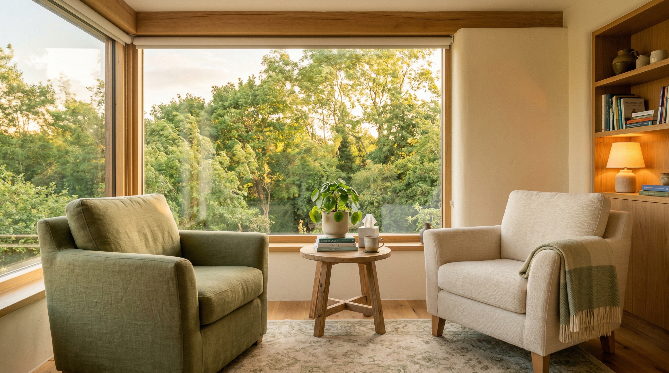 Warm, peaceful therapy office with two comfortable chairs and a view of lush green trees